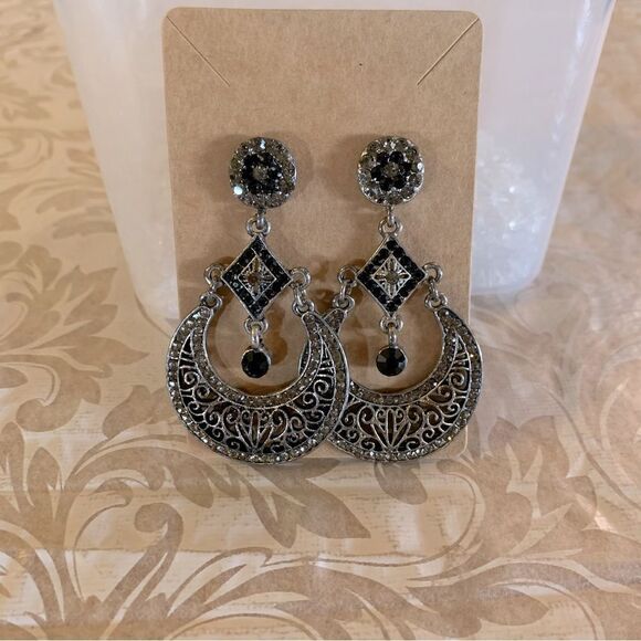 Victorian Inspired Drop Dangle Earrings Silver Tone w/ Clear & Black Crystals 3” - Picture 1 of 4